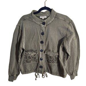 Solitaire Olive Green Cotton Embroidered Button Down Jacket Size L